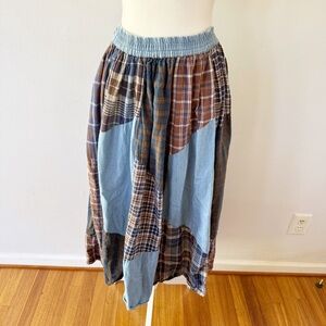 Vintage Women 90s Patchwork Plaid Flannel Denim 
Maxi Skirt Medium Western Boho